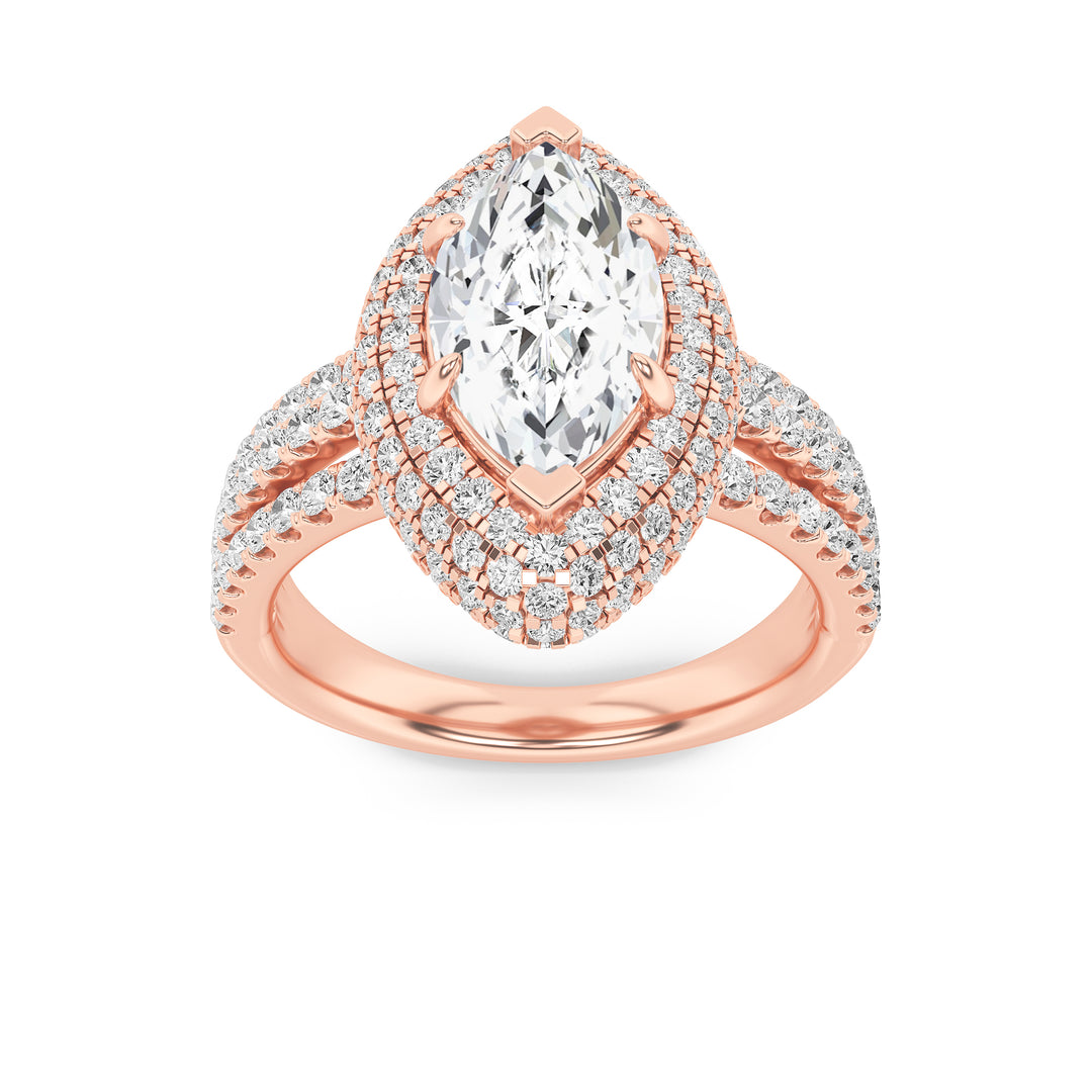 3Cttw Marquise Shaped Lab Grown Diamond (F/VS) Three Row Accented Halo Engagement Ring in 14K Gold