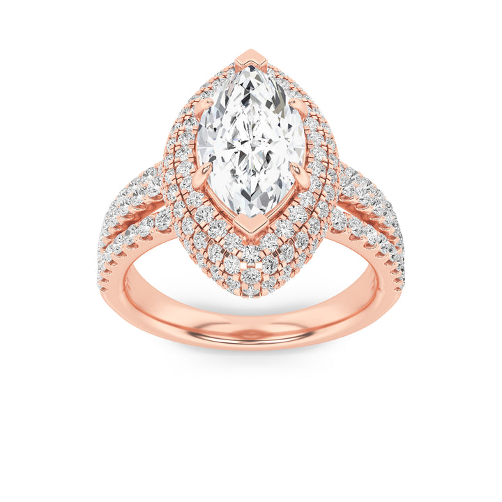 3Cttw Marquise Shaped Lab Grown Diamond (F/VS) Three Row Accented Halo Engagement Ring in 14K Gold