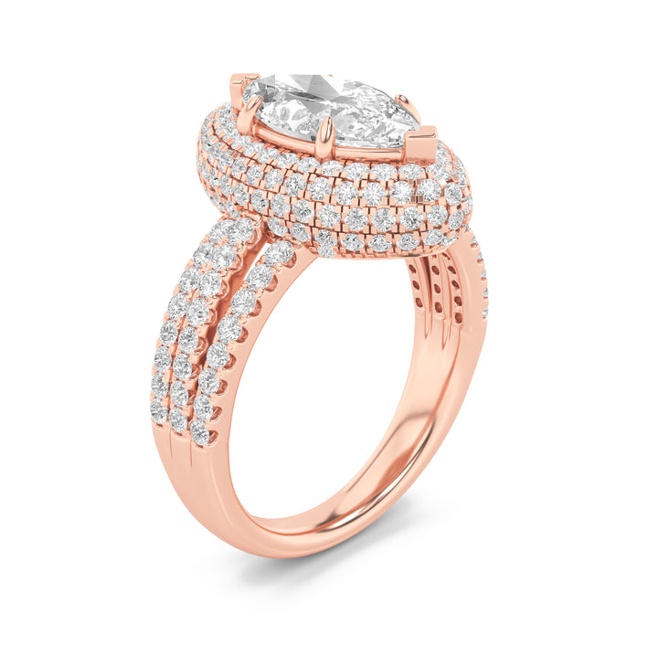 3Cttw Marquise Shaped Lab Grown Diamond (F/VS) Three Row Accented Halo Engagement Ring in 14K Gold