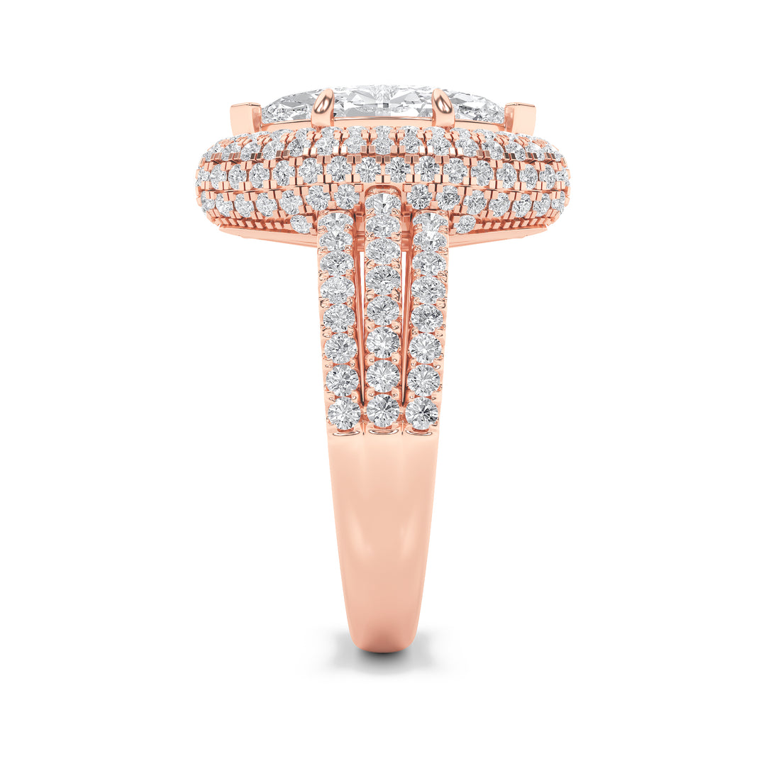 3Cttw Marquise Shaped Lab Grown Diamond (F/VS) Three Row Accented Halo Engagement Ring in 14K Gold