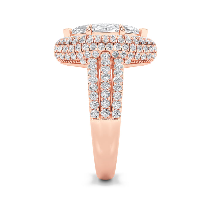 3Cttw Marquise Shaped Lab Grown Diamond (F/VS) Three Row Accented Halo Engagement Ring in 14K Gold