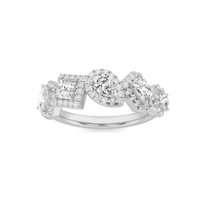 1.33CTW Mix Shaped Lab Grown Diamond (F/VS) Five StoneHalo Fashion Ring in 14K Gold
