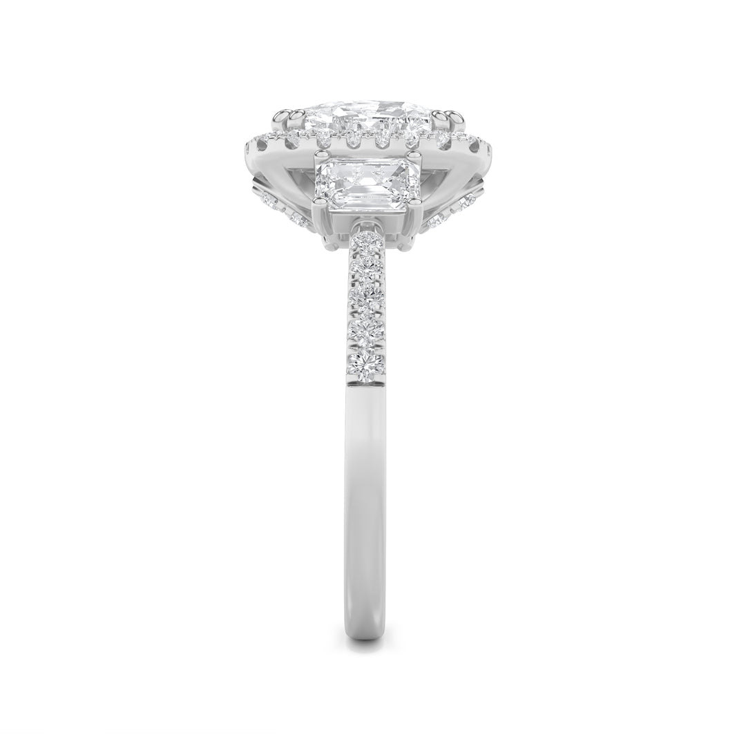 3Cttw Elongated Cushion Shaped Lab Grown Diamond (F/VS) Accented Three Stone Ring in 14K Gold