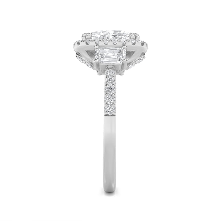 3Cttw Elongated Cushion Shaped Lab Grown Diamond (F/VS) Accented Three Stone Ring in 14K Gold