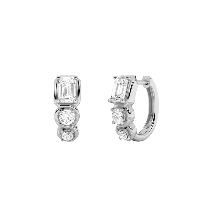 2.5Cttw Emerald Shaped Lab Grown Diamond (F/VS) Three Stone Huggie Earrings in 14K Gold