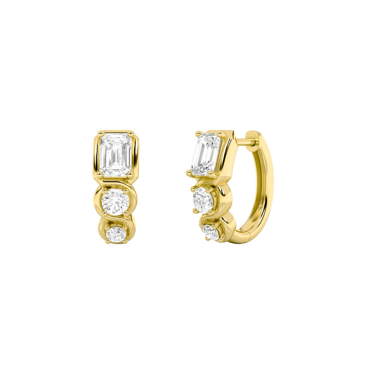 2.5Cttw Emerald Shaped Lab Grown Diamond (F/VS) Three Stone Huggie Earrings in 14K Gold