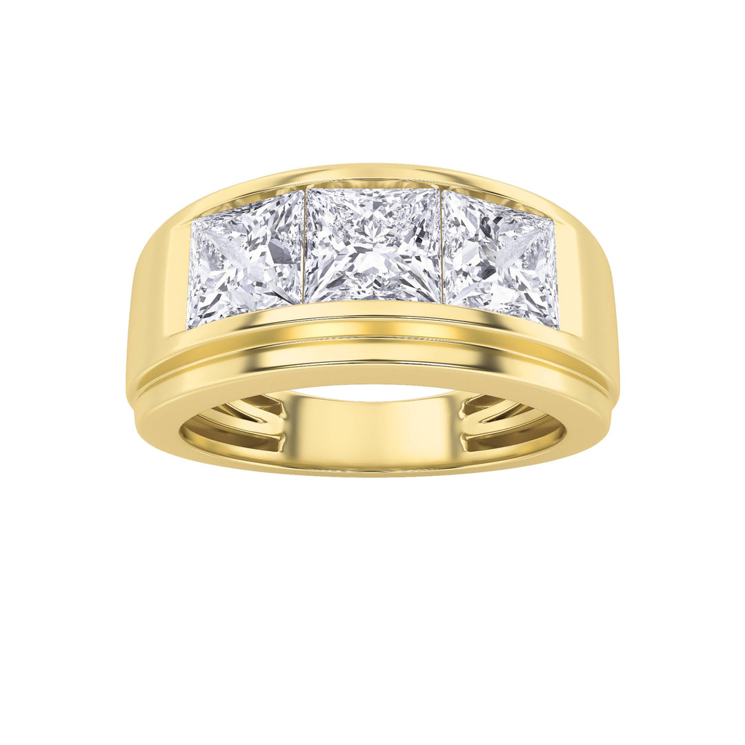 3Cttw Princess Shaped Lab Grown Diamond (F/VS) Three Stone Channel Set Mens Ring in 14K Gold
