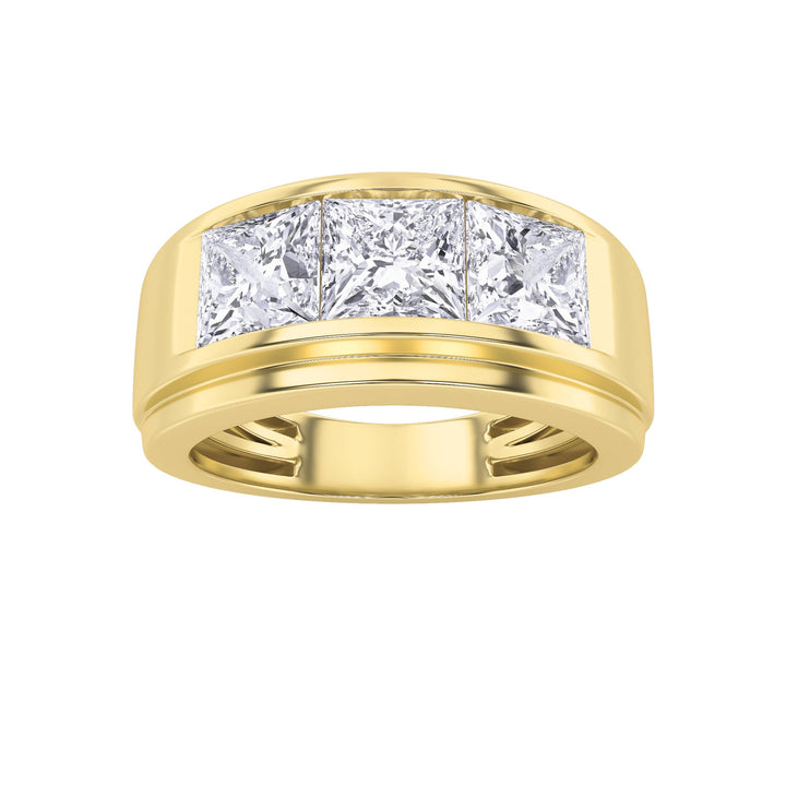 3Cttw Princess Shaped Lab Grown Diamond (F/VS) Three Stone Channel Set Mens Ring in 14K Gold