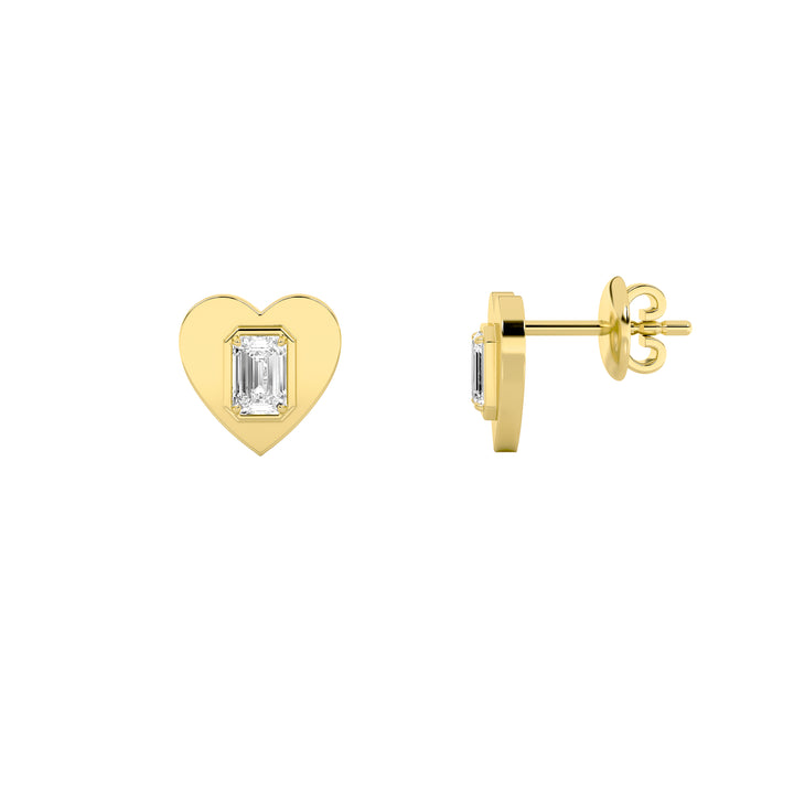 1CTW Emerald Shaped Lab Grown Diamond (F/VS) Heart Shaped Stud Earrings in 14K Gold