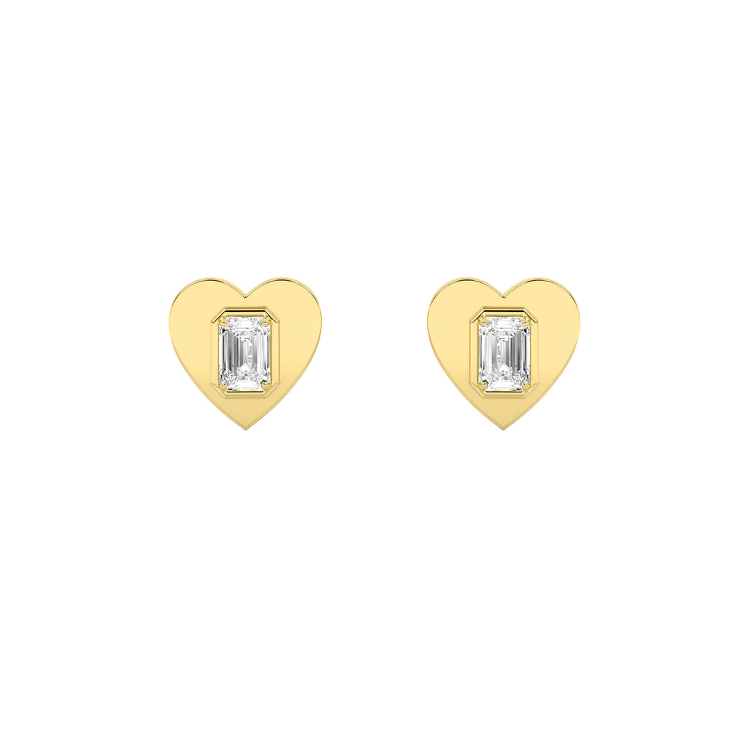1CTW Emerald Shaped Lab Grown Diamond (F/VS) Heart Shaped Stud Earrings in 14K Gold