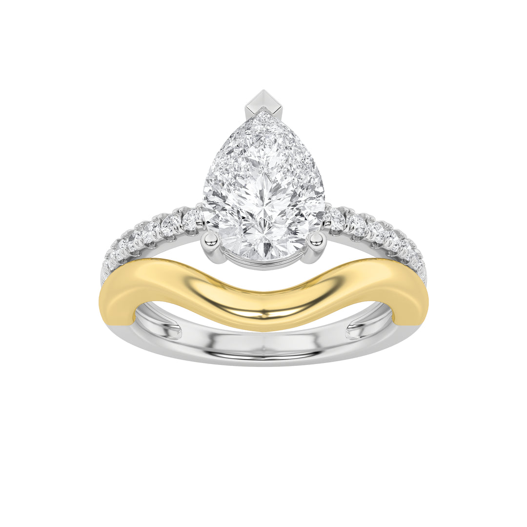 2Cttw Pear Shaped Lab Grown Diamond (F/VS) Two Tone Wave Inspired Engagement Ring in 14K Gold