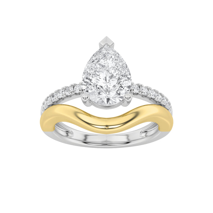 2Cttw Pear Shaped Lab Grown Diamond (F/VS) Two Tone Wave Inspired Engagement Ring in 14K Gold