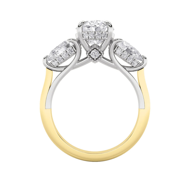 4Cttw Oval Shaped Lab Grown Diamond (F/VS) Accented Three Stone Ring in 14K Gold