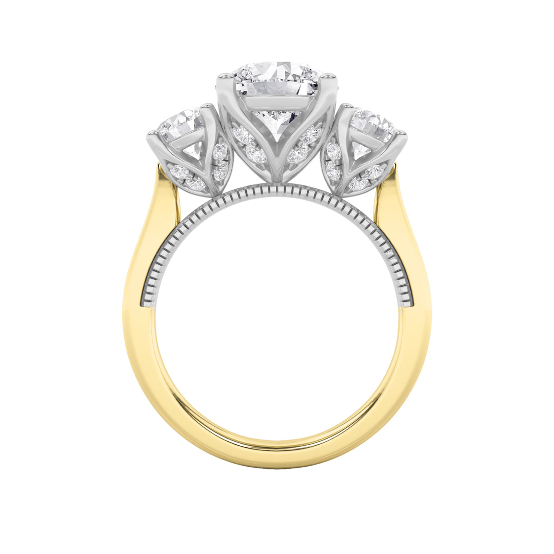 4Cttw Round Shaped Lab Grown Diamond (F/VS) Accented Three Stone Ring in 14K Gold