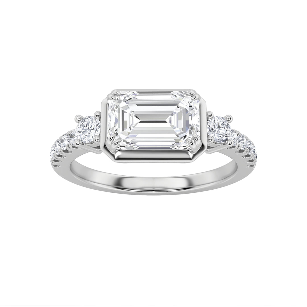 2CTW Emerald Shaped Lab Grown Diamond (F/VS) East West Accented Three Stone Ring in 14K Gold