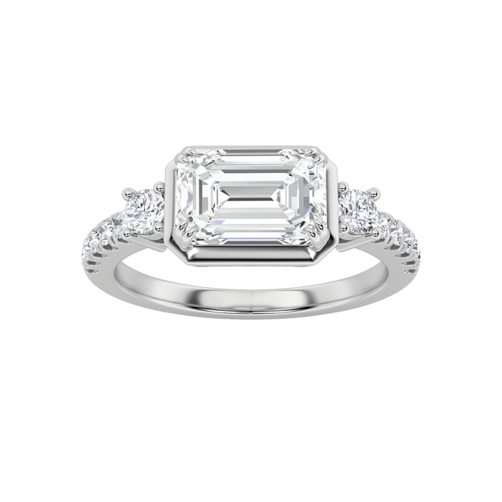 2CTW Emerald Shaped Lab Grown Diamond (F/VS) East West Accented Three Stone Ring in 14K Gold