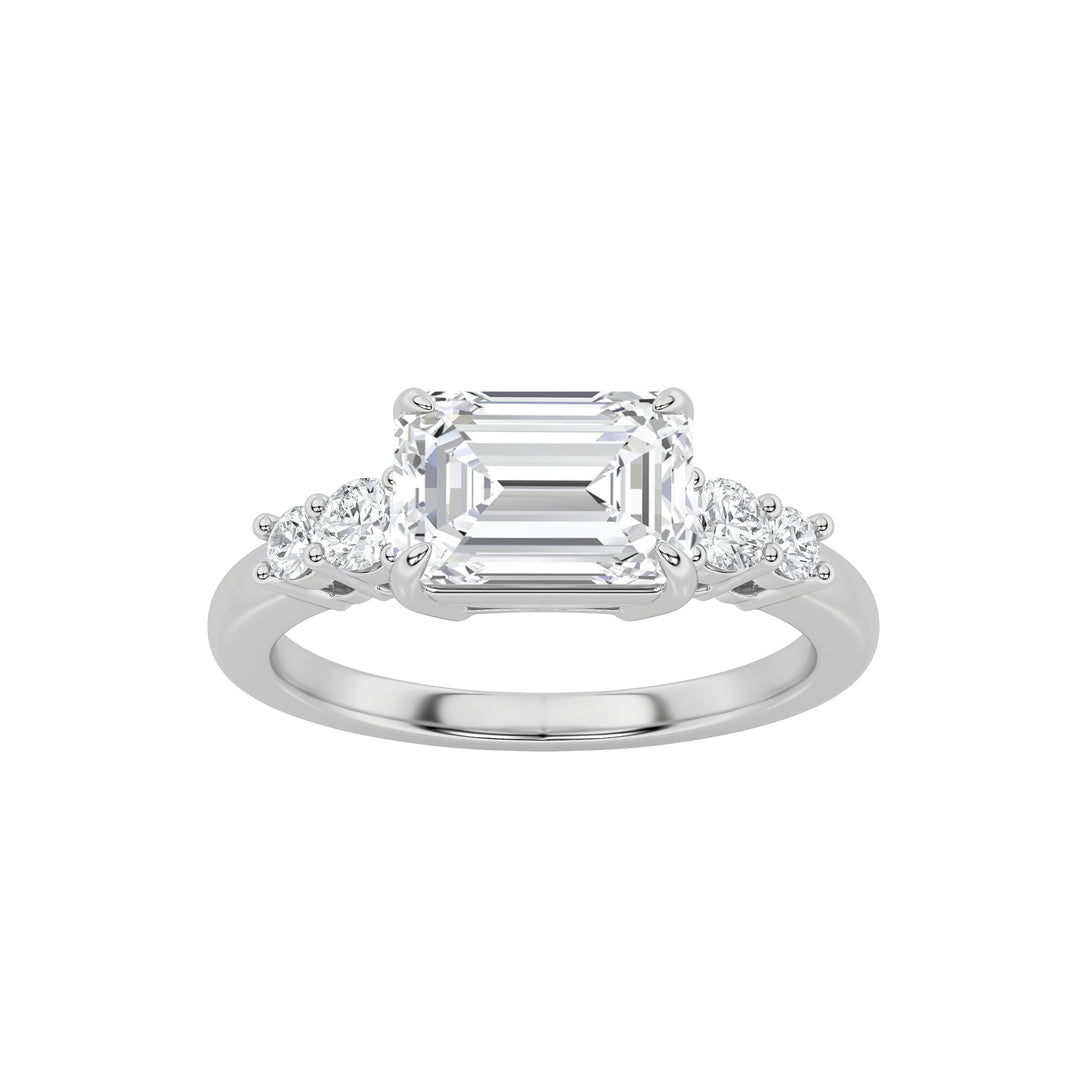 1.5CTW Emerald Shaped Lab Grown Diamond (F/VS) East West Accented Three Stone Ring in 14K Gold