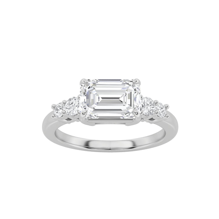 1.5CTW Emerald Shaped Lab Grown Diamond (F/VS) East West Accented Three Stone Ring in 14K Gold