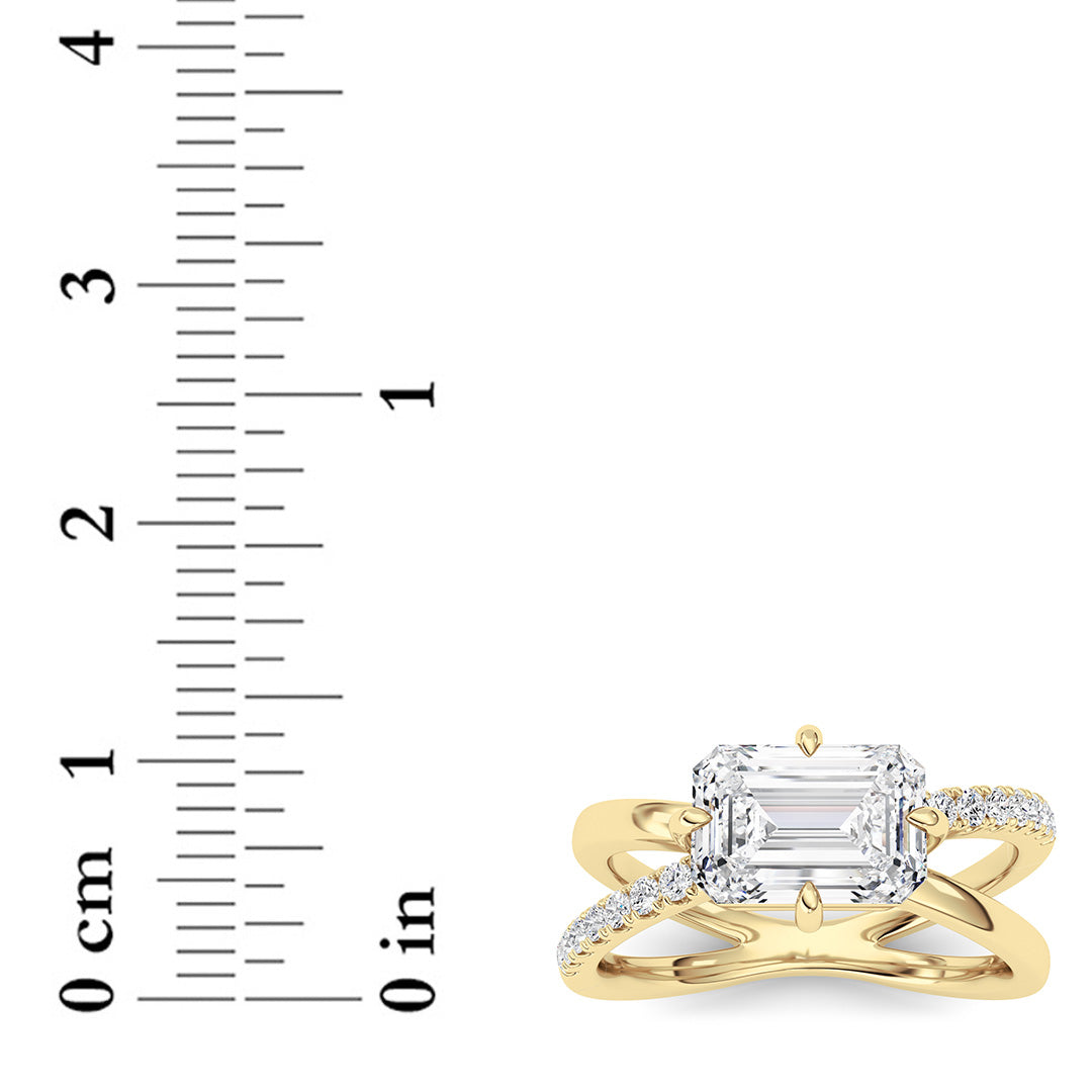 2CTW Emerald Shaped Lab Grown Diamond (F/VS) East West Accented Solitaire Ring in 14K Gold