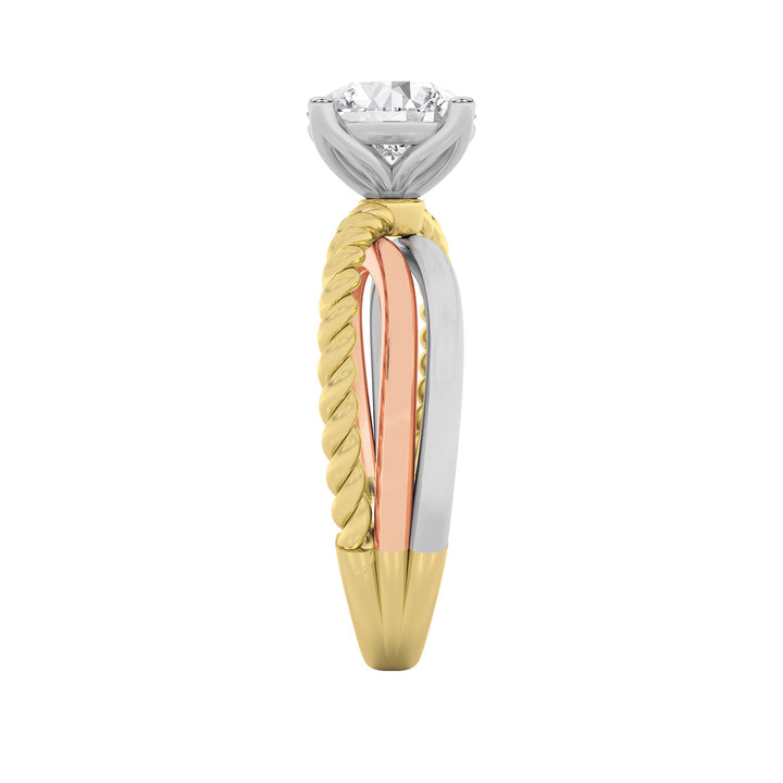 2Cttw Round Shaped Lab Grown Diamond (F/VS) Tri Color Solitaire Fancy Ring in 14K Gold