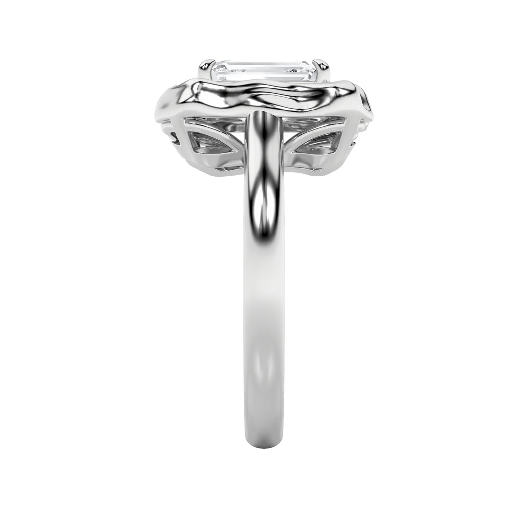 1.5CTW Emerald Shaped Lab Grown Diamond (F/VS) Organic Design Solitaire Ring in 14K Gold