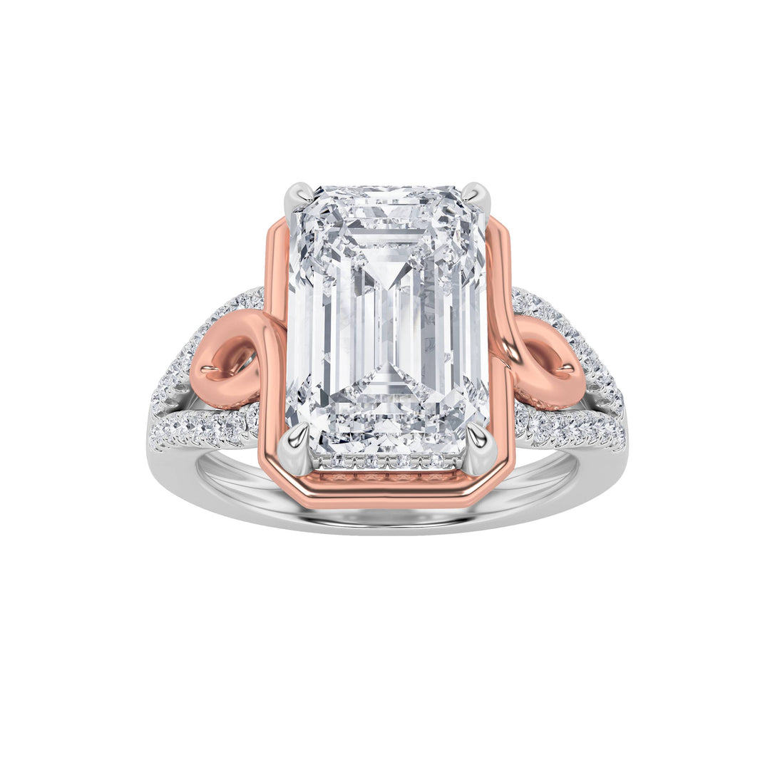 4.25Cttw Emerald Shaped Lab Grown Diamond (F/VS) Bold Accented Two Tone Engagement Ring in 14K Gold