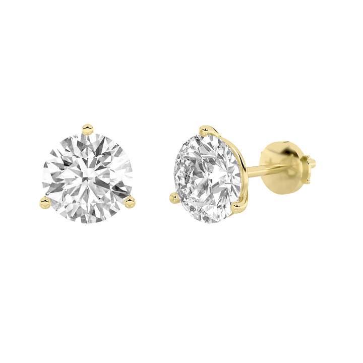 2CTW Round Shaped Lab Grown Diamond (G/VS) Three Prong Martini Stud Earrings in 14K Yellow Gold