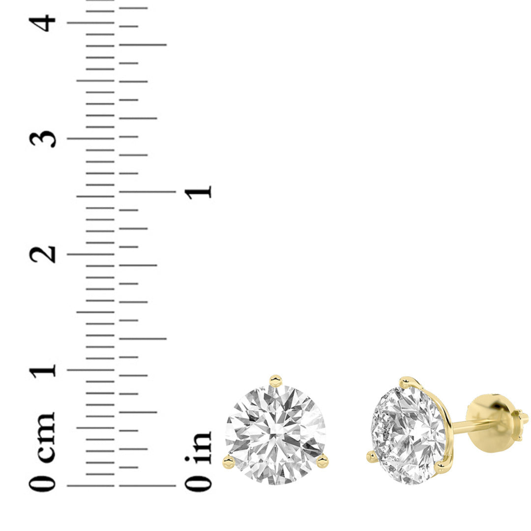 2CTW Round Shaped Lab Grown Diamond (G/VS) Three Prong Martini Stud Earrings in 14K Yellow Gold