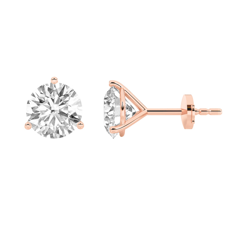 2CTW Round Shaped Lab Grown Diamond (G/VS) Three Prong Martini Stud Earrings in 14K Gold