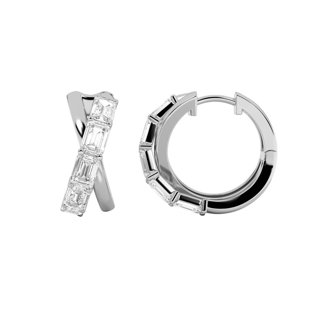 3Cttw Emerald Shaped Lab Grown Diamond (F/VS) Huggie Earrings in 14K Gold