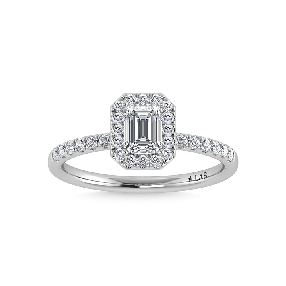 14K White Gold Lab Grown Diamond  3 1/3 Ct.Tw. IGI Certified Emerald Shape Halo Engagement Ring (IGI Certified Center 3ct)
