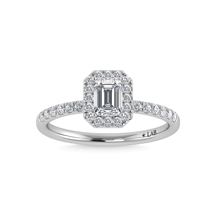 14K White Gold Lab Grown Diamond  4 1/3 Ct.Tw. Shank Emerald Shape Halo Engagement Ring