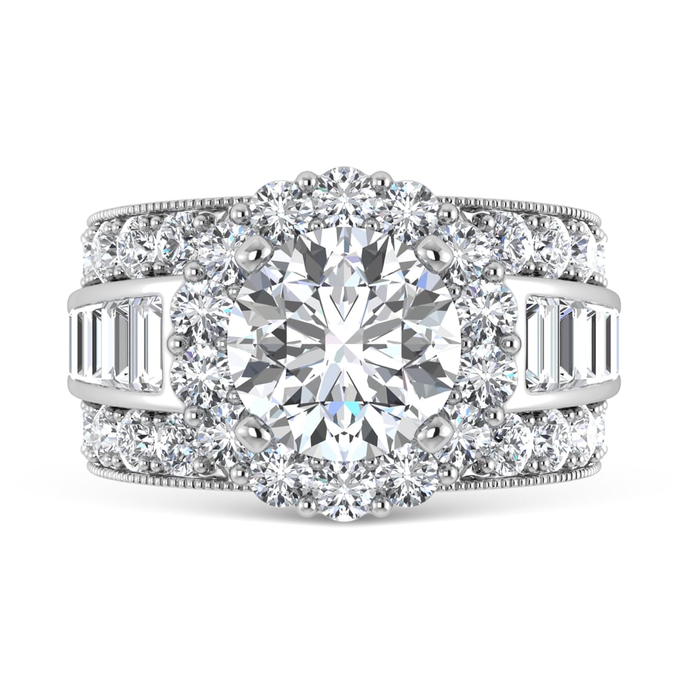 14K  White Gold Lab Grown Round and Baguette Diamond 3 3/8 Ct.Tw. Engagement Ring (IGI Certfied Center 2ct)