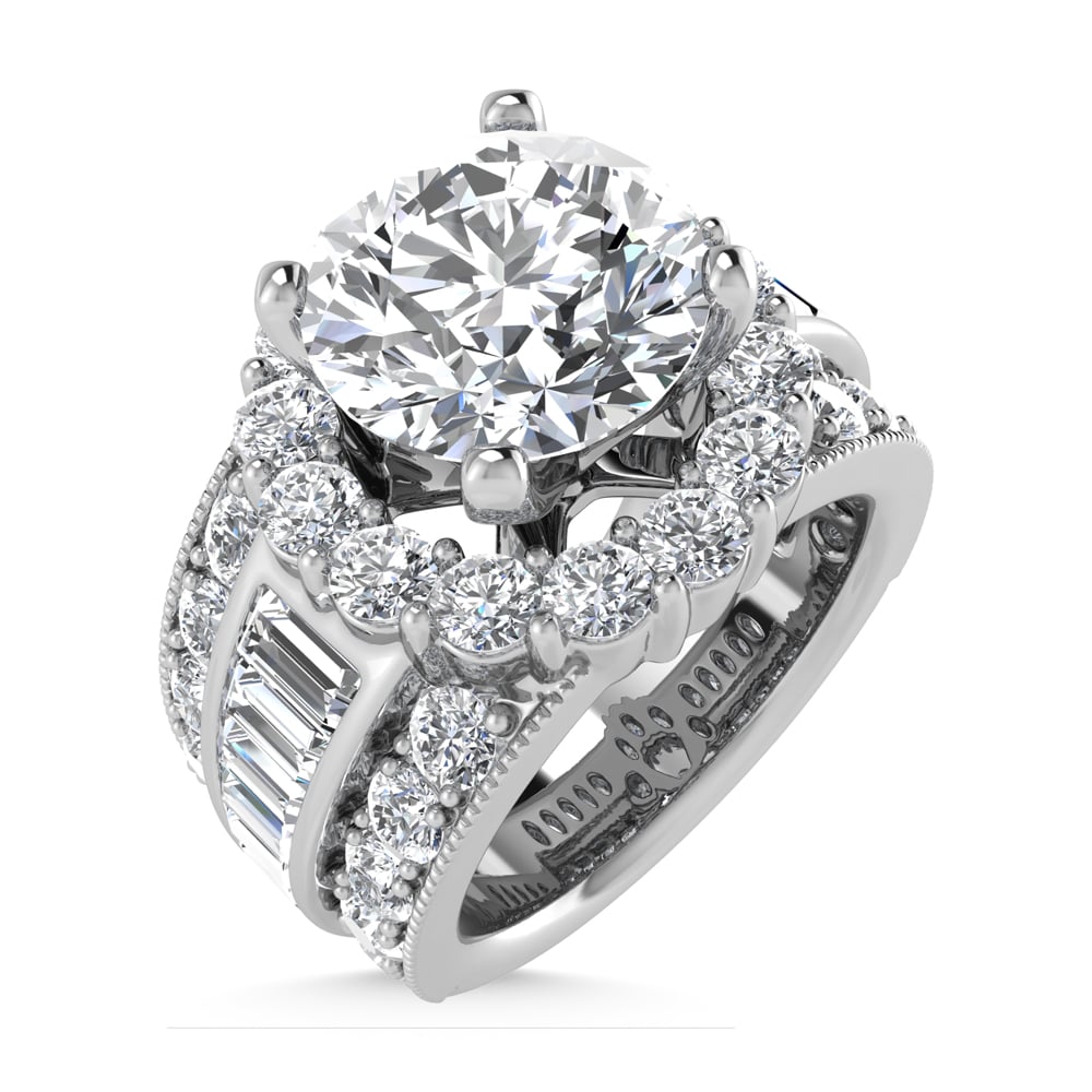 14K  White Gold Lab Grown Round and Baguette Diamond 3 3/8 Ct.Tw. Engagement Ring (IGI Certfied Center 2ct)