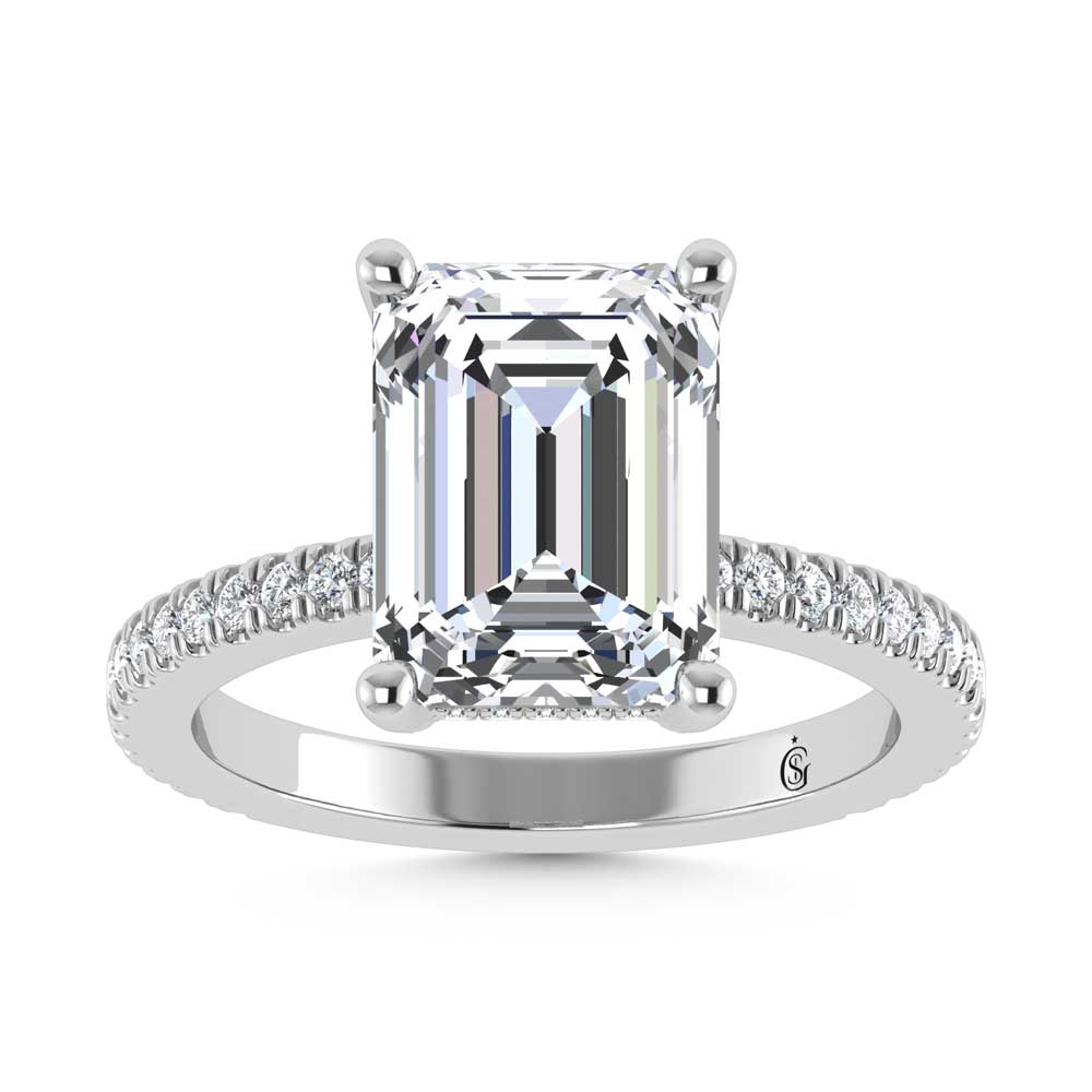 14K White Gold Lab Grown Diamond 3 3/8 Ct.Tw. Emerald Shape Engagement Ring (IGI Certified Center 3ct)