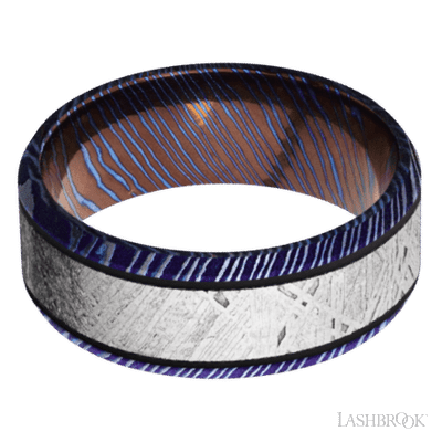 8 mm wide/Beveled/Titanium Damascus band with one 5 mm Centered inlay of Meteorite.