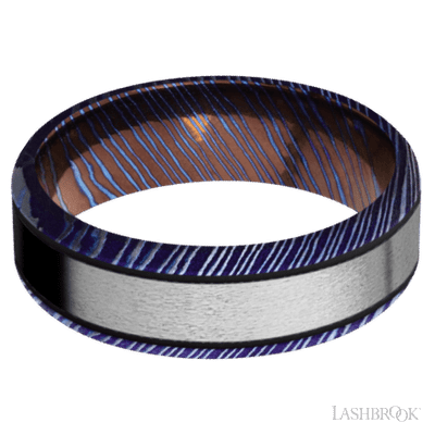 7 mm wide/Beveled/Titanium Damascus band with one 4 mm Centered inlay of Titanium.