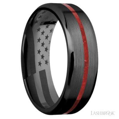 7 mm wide/Beveled/Zirconium band with one 1 mm Centered inlay of Coral.
