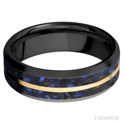 7 mm wide/Beveled/Zirconium band featuring inlays of Blue Tiger Eye and 14K Yellow Gold.