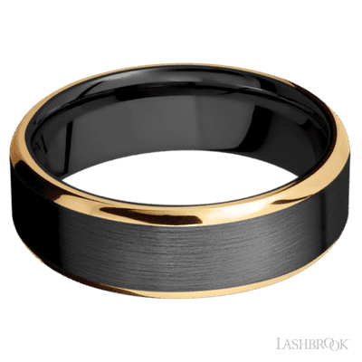 7 mm wide/Beveled/Zirconium band with two 1 mm Edge inlays of 14K Yellow Gold.