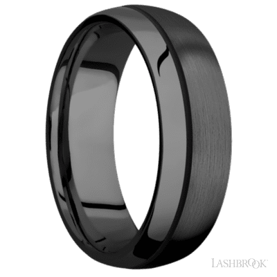 7 mm wide/Domed/Zirconium band with one 0.5 mm Off Center inlay of Black.