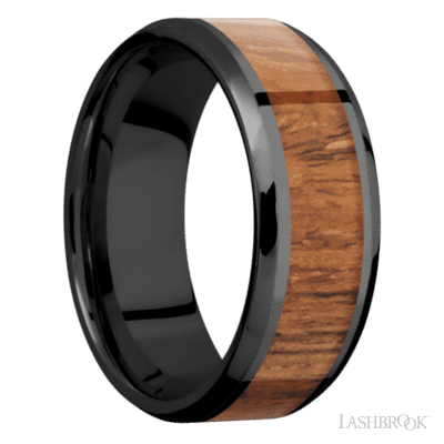 8 mm wide/Beveled/Zirconium band with one 5 mm Centered inlay of Desert Iron Wood.