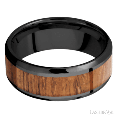 8 mm wide/Beveled/Zirconium band with one 5 mm Centered inlay of Desert Iron Wood.