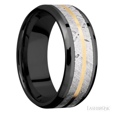 8 mm wide/Beveled/Zirconium band featuring inlays of Meteorite and 14K Yellow Gold.