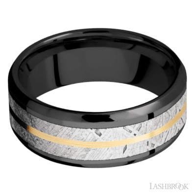 8 mm wide/Beveled/Zirconium band featuring inlays of Meteorite and 14K Yellow Gold.
