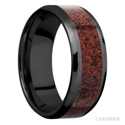 8 mm wide/Beveled/Zirconium band with one 5 mm Centered inlay of Dinosaur Bone Red.