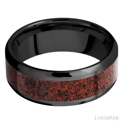 8 mm wide/Beveled/Zirconium band with one 5 mm Centered inlay of Dinosaur Bone Red.