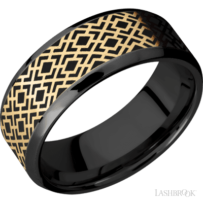 8 mm wide/Beveled/Zirconium band with one 6 mm Centered inlay of 14K Yellow Gold with a laser carved Trellis 2 pattern.