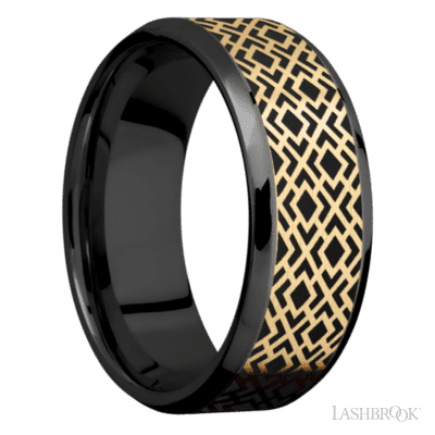 8 mm wide/Beveled/Zirconium band with one 6 mm Centered inlay of 14K Yellow Gold with a laser carved Trellis 2 pattern.