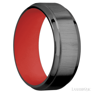 8 mm wide Stepped Bevel Zirconium band featuring a USMC Red sleeve.